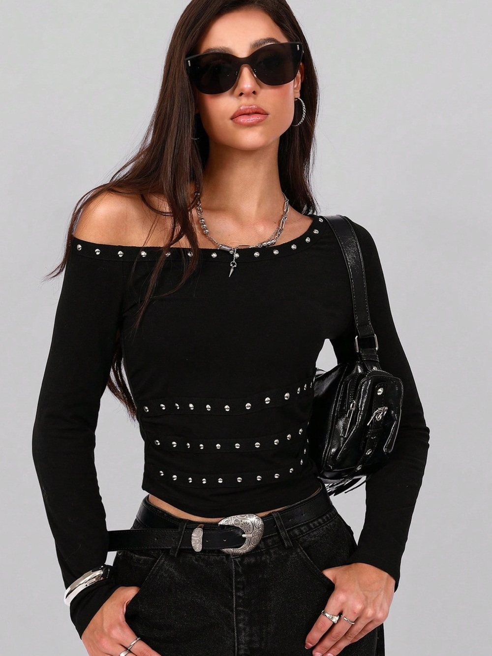 ♥️Hello Gorgeous! Studded One Shoulder Long Sleeve Cropped  T-Shirt Black
